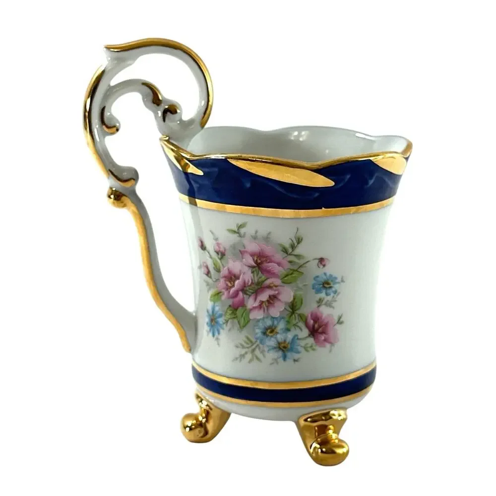 Amfora Bohemia Czech Republic Porcelain Footed Teacup Floral Cobalt Blue Gold